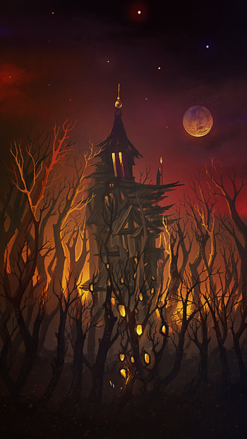 Trees, Art, Moon, Hut, Wanderer HD phone wallpaper