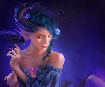 Beauty, blue, jason lan, frumusete, art, bird, gorgeous, girl, hand, superb, raven, fantasy, crow, pasari HD wallpaper