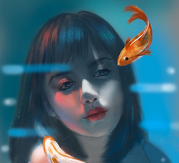 :), blue, art, girl, orange, fishinn xxx, summer, fantasy, pesti, face, fish, water HD wallpaper