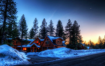 Canadian Snow Roads Mansion, trees, sky, road, lights, house HD wallpaper