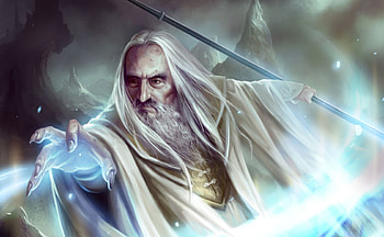 Saruman, blue, white, magic, sword, man, wizard, lotr, fantasy, game, lord of the rings HD wallpaper