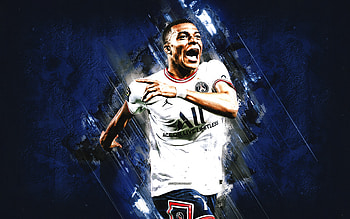 Kylian Mbappe, Paris Saint-Germain, PSG white uniform, Mbappe PSG, blue stone background, Ligue 1, football, France HD wallpaper