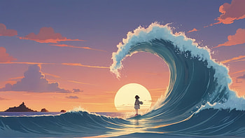 Sunset Drawing, sunset, wave, sea, ocean, schoolgirl, Ocean Waves HD wallpaper