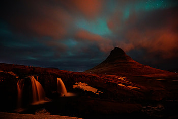 Kirkjufell, waterfall, mountains, landscape, night HD wallpaper