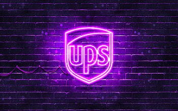 UPS violet logo, , violet brickwall, UPS logo, brands, UPS neon logo, UPS HD wallpaper