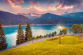 Mountains Trees Lights Sky, landscape, trees, mountains, nature HD wallpaper