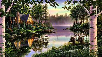 Paradise Bayou F2, animal, bayou, art, beautiful, cabin, artwork, wide screen, wildlife, painting, deer, cottage HD wallpaper