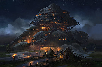 Fantasy, big house, night, artwork HD wallpaper