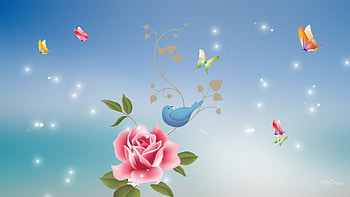 Rose Pink Bird Blue, sweet, glimmer, bird, glow, glitter, papillon, fleur, stars, spring, summer, rose, pink, butterfly, petals, flower, shine HD wallpaper