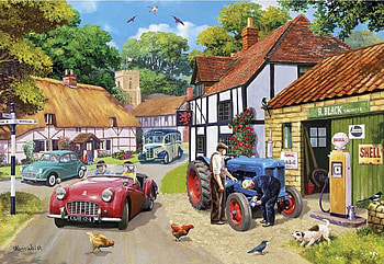 Running Repairs, cars, village, artwork, poultry, painting, tractor, houses HD wallpaper