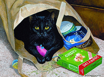 Happy cat, sweet, black, fun, art, cute, cat, mouce, painting, happy, adorable, home HD wallpaper