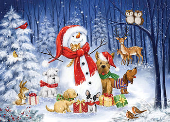 Snowman In The Woods, birds, ornaments, deer, snow, trees, dogs, winter, gifts, owls, painting HD wallpaper