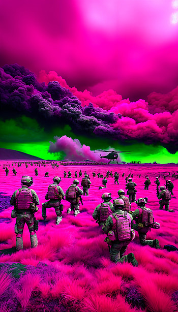 Vivid Combat: A Dynamic Experience, pink, soldier, helicopter, landscape, surreal HD phone wallpaper
