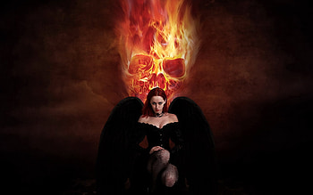 Burning Revival, gothic, wings, black, fantasy, flames, skull, angel, dark HD wallpaper