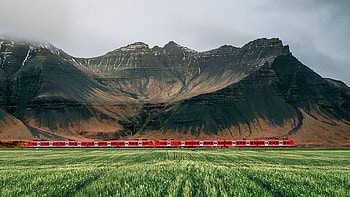 Grass, Field, Ears, Mountains, Red, Train, Black, Sand, Clouds, Sky Nature HD wallpaper