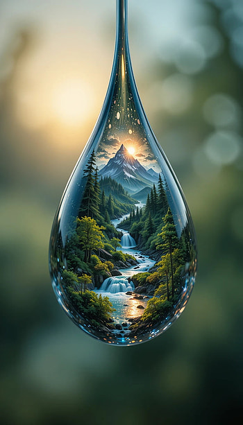 Close-up of a drop of water, in it a micro world, forest, mountain, sun, river., forest, mountain, sun, river HD phone wallpaper