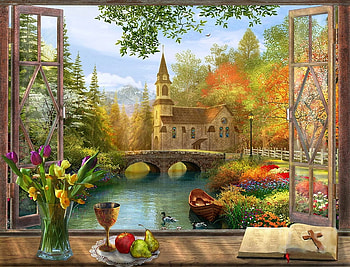 Autumn Church Frame, river, boat, window, fall, colors, fruits, bible, artwork, ducks, painting, bridge, trees, flowers HD wallpaper