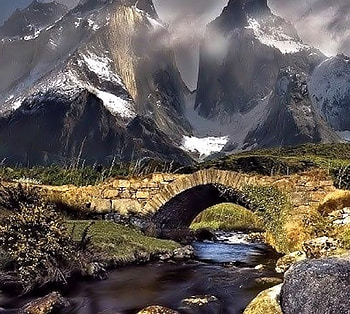 Mountain Stream, Patagonia, Chile, Nature, Clouds, Bridge, Mountain HD wallpaper