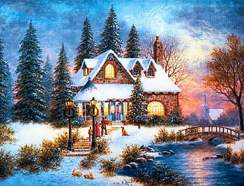 Winter Dreams, artwork, river, painting, firs, snow, bridge, cottage, christmas tree HD wallpaper