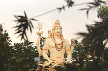A serene view of a Lord Shiva statue surrounded by trees and nature. HD wallpaper