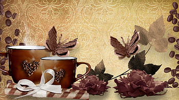 Coffee Break, joe, ribbon, Firefox Persona theme, butterflies, leaves, brown, java, coffee, flowers, bow HD wallpaper