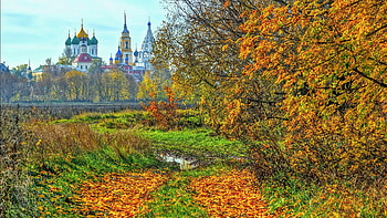 Autumn Colors, churches, trees, leaves, path HD wallpaper