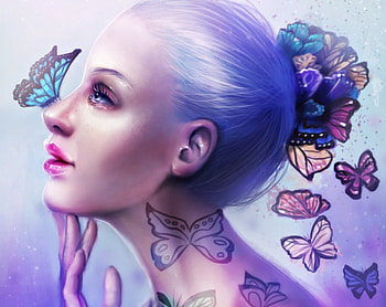 Butterfly, blue, profile, wings, art, sandramalie, girl, beauty, woman, purple, pink, fantasy HD wallpaper
