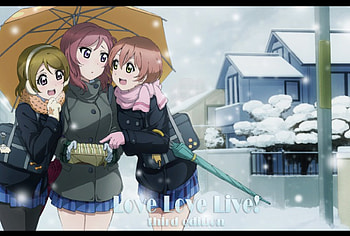 Love Love Live! Third Edition, winter, koizumi hanayo, umbrellas, food, love live school idol project, hoshizora rin, anime, snow, friends, earmuffs, nishikino maki HD wallpaper