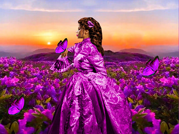 Delicate Purple, colorful, blue, vibrant, girl, orange, purple, butterflies, vivid, yellow, green, bright, bold, flowers HD wallpaper