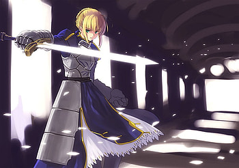 Saber, blue, excalibur, sword, knight, fate stay night, armor, anime, king, silver, game, blonde hair HD wallpaper