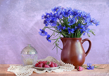 * Still Life *, blue, still life, graphy, vase, flowers, raspberry HD wallpaper