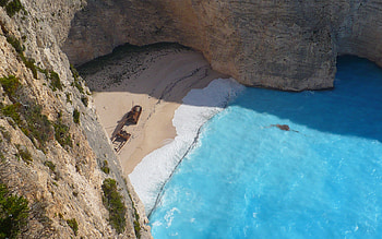 Navagio Beach, blue, ship, beaches, view, nature, cliff, ocean HD wallpaper