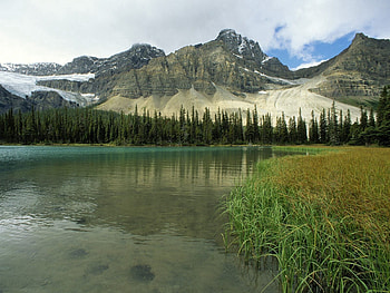 Nature, Trees, Grass, Mountains, Lake, Canada, Albert, Alberta, Glacial Lake HD wallpaper