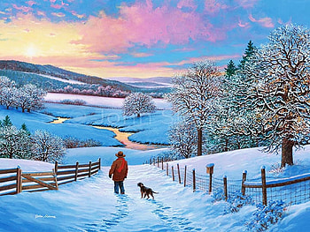 Rise and Shine, fences, winter, dog, hills, snow, man, trees, road, painting HD wallpaper
