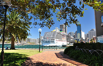 FROM A DISTANCE, TREES, SHIP, WATER, PATHWAY HD wallpaper