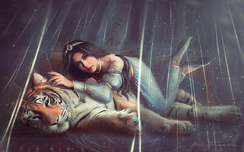 Jasmine and Rajah, rajah, tiger, fantasy, girl, princess, jasmine, amedeya ay, blue, orange, tigru HD wallpaper