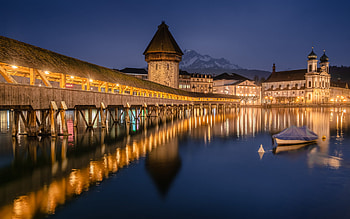 Jesuit Church, Lucerne, evening, sunset, Reuss River, Wasserturm, Kapellbrucke, Lucerne cityscape, Landmark, Switzerland HD wallpaper