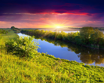 Landscape, river, sky, grass, sun, sunset HD wallpaper