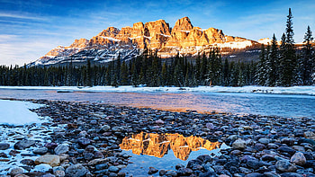 Castle Peaks, Alberta, snow, landscape, canada, ice, mountain, lake, stones HD wallpaper