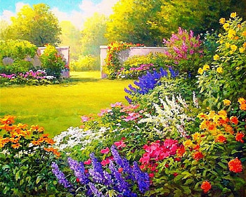 Garden, flowers, art, painting HD wallpaper