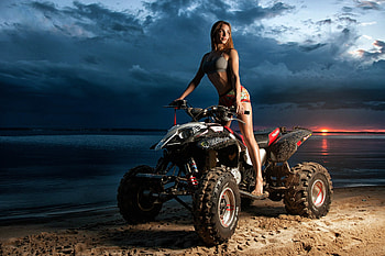 Girl on a Quad at Sunset, model, blonde, sunset, quad HD wallpaper
