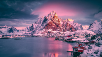 Sunset behind the mountain, winter, pretty, house, nature, nice, moutain, lake, sunset, pink HD wallpaper
