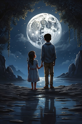 Brother And Sister In front of moon , Anime, Anime Art, artistic, anime boy HD phone wallpaper