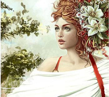 Seheiah, dreamer, blonde, digital art, grace, goddess, dress, beauty, cg, flower, lips, female, gorgeous, girl, fantasy, pretty, face, eye HD wallpaper