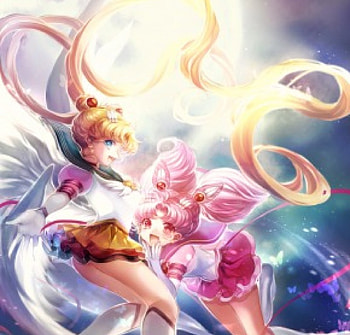 Sailor Moon & Sailor Chibi Moon, blue, angel, long hair, shirt, beauty, magical, blonde hair, skirt, wings, white, magic, art, smile, beautiful, pink hair, pink, anime, pretty, yellow, red, girls, lovely HD wallpaper