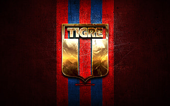Tigre FC, golden logo, Primera Nacional, red metal background, football, argentinian football club, Tigre logo, soccer, CA Tigre, Argentina, Club Atletico Tigre HD wallpaper