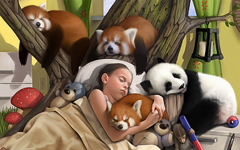 all sleeps, bears, pandas, girl, family HD wallpaper