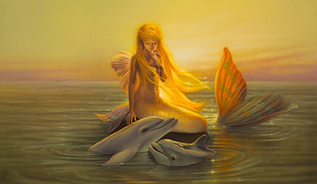 Among Dolphins, digital, mermaid, art, fantasy, , dolphins, siren, sunset HD wallpaper
