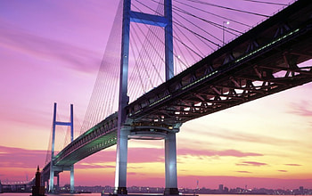 beautiful bridge in pastel colors, city, bay, colors, bridge, sunset HD wallpaper