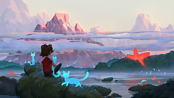 Between Worlds The Child And The Guardians, artist, artwork, art, digital-art, mountains, sky, tree, artstation HD wallpaper